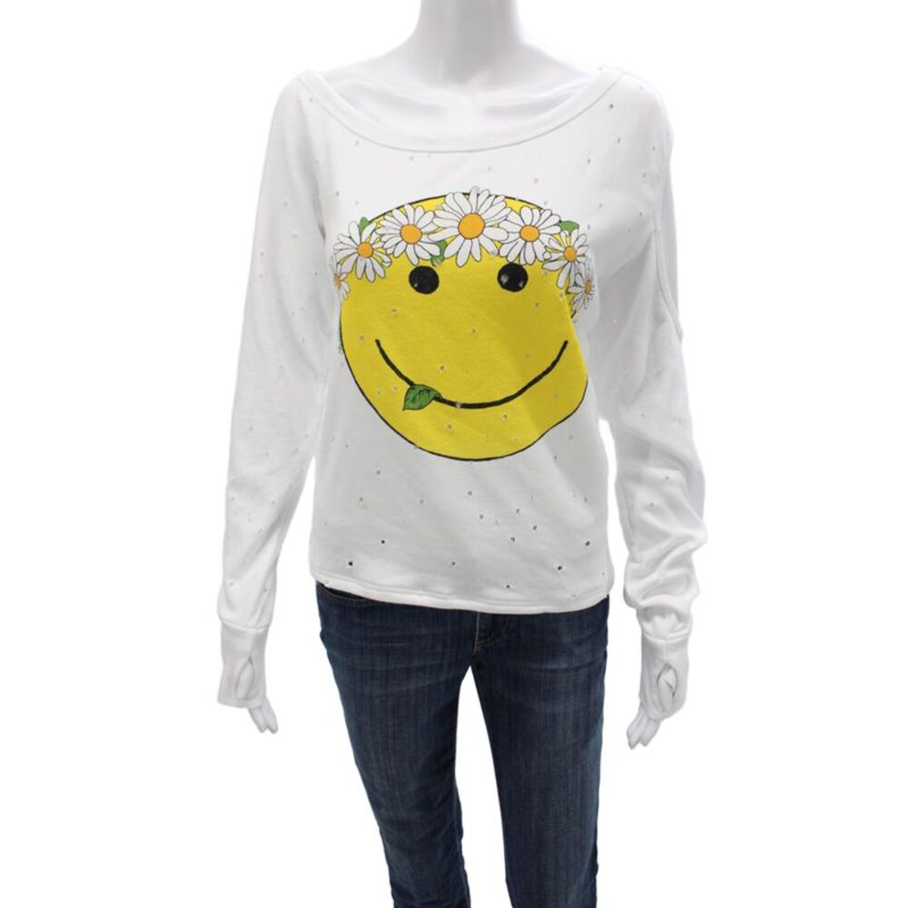 Lauren Moshi Women White Floral Scoop Neck Cotton Long Sleeve Tee Size L